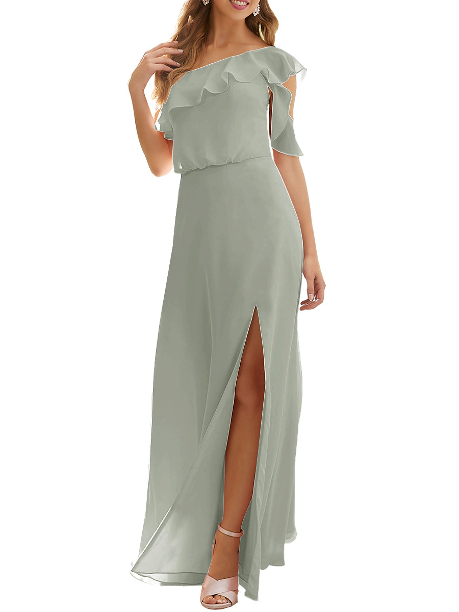 Chiffon Column One Shoulder Short Sleeves Bridesmaid Dress-MB53622
