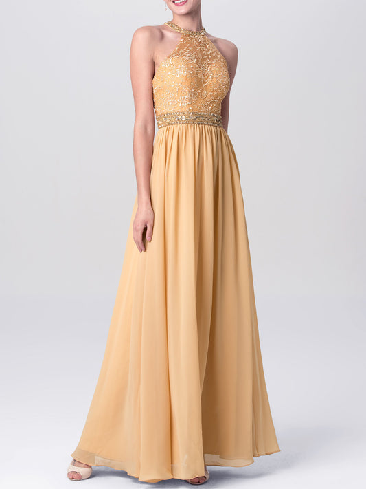 Lace Column Jewel Neck Sleeveless Bridesmaid Dress-MB0113135