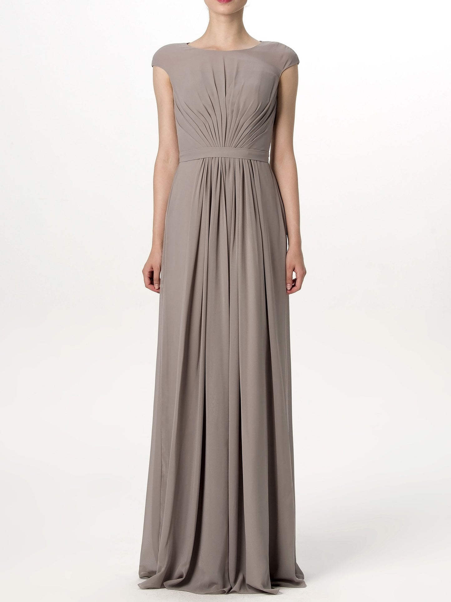 Chiffon Column Boat Neck Cap Sleeves Bridesmaid Dress-MB0113189