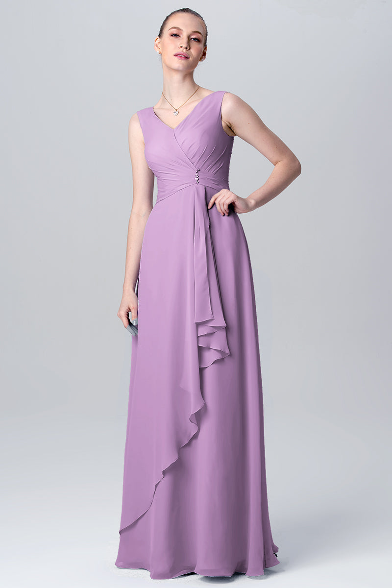 Chiffon Column V-Neck Sleeveless Bridesmaid Dress-MB0113103