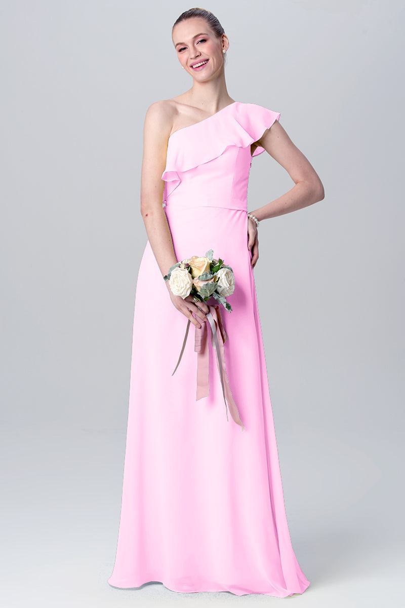 Chiffon Column One Shoulder Sleeveless Bridesmaid Dress-MB0113106