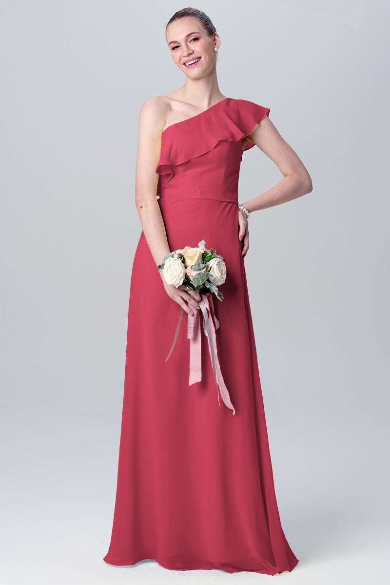 Chiffon Column One Shoulder Sleeveless Bridesmaid Dress-MB0113106