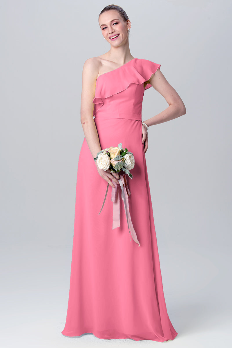 Chiffon Column One Shoulder Sleeveless Bridesmaid Dress-MB0113106