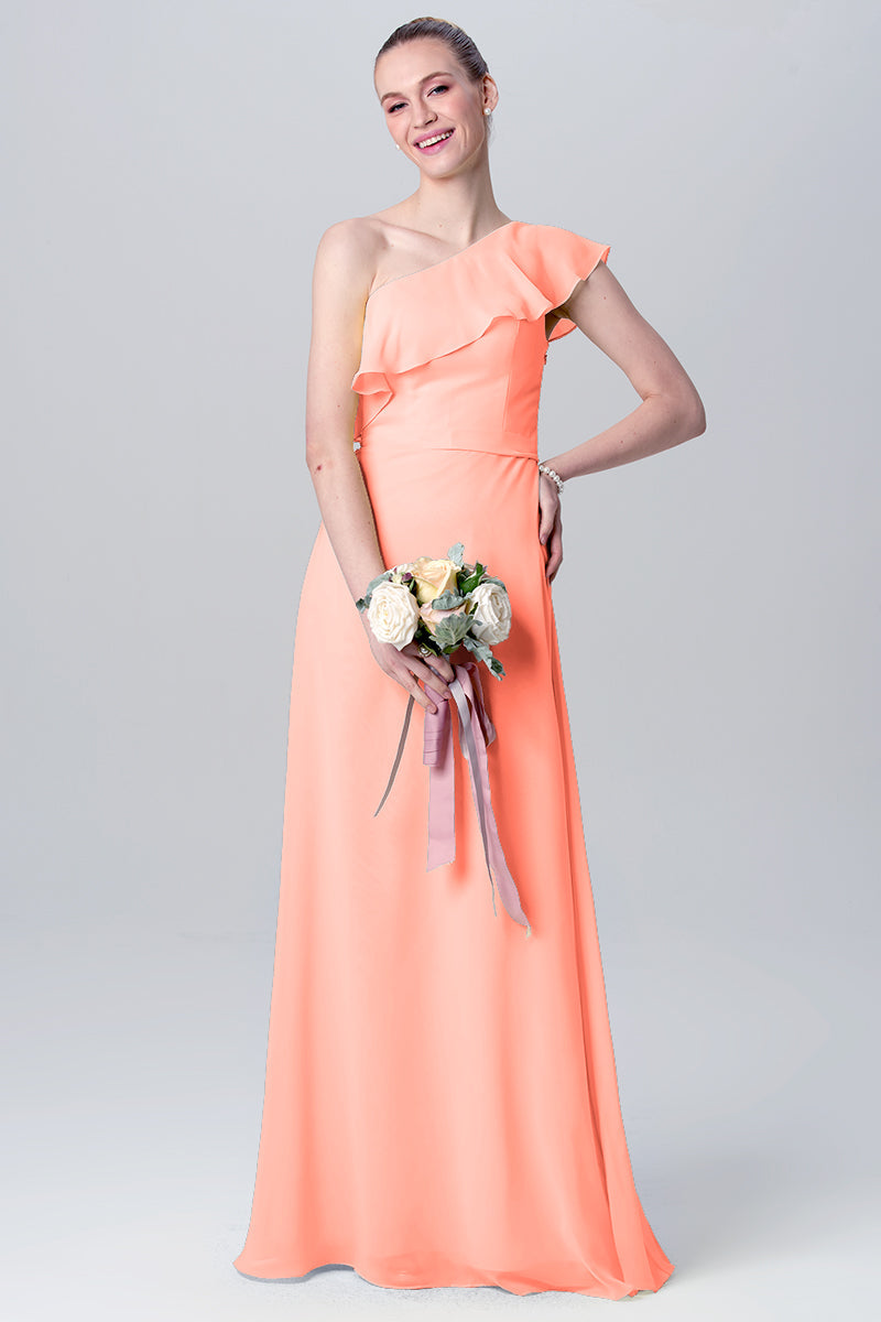 Chiffon Column One Shoulder Sleeveless Bridesmaid Dress-MB0113106