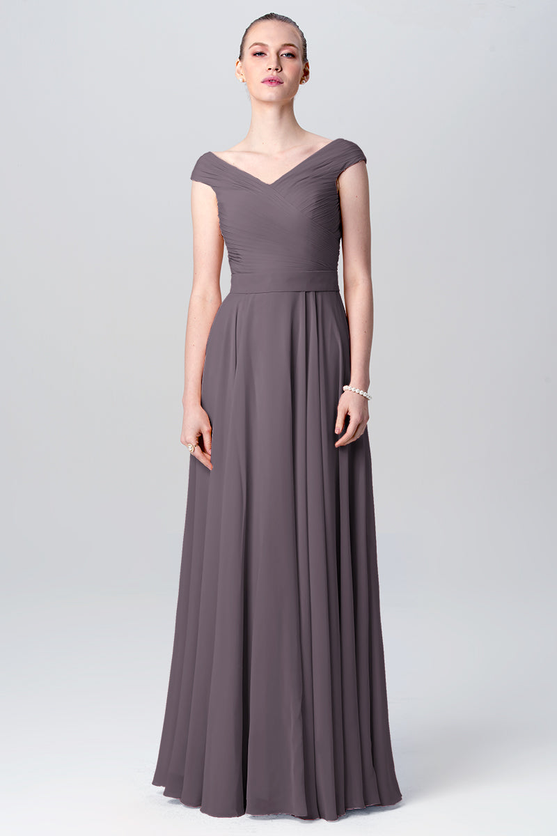 Chiffon Column V-Neck Cap Sleeves Bridesmaid Dress-MB0113107