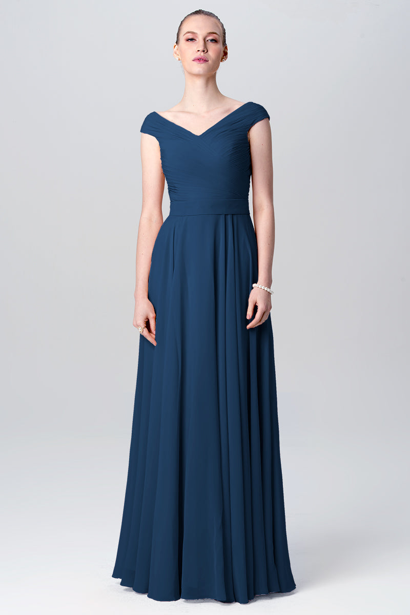 Chiffon Column V-Neck Cap Sleeves Bridesmaid Dress-MB0113107