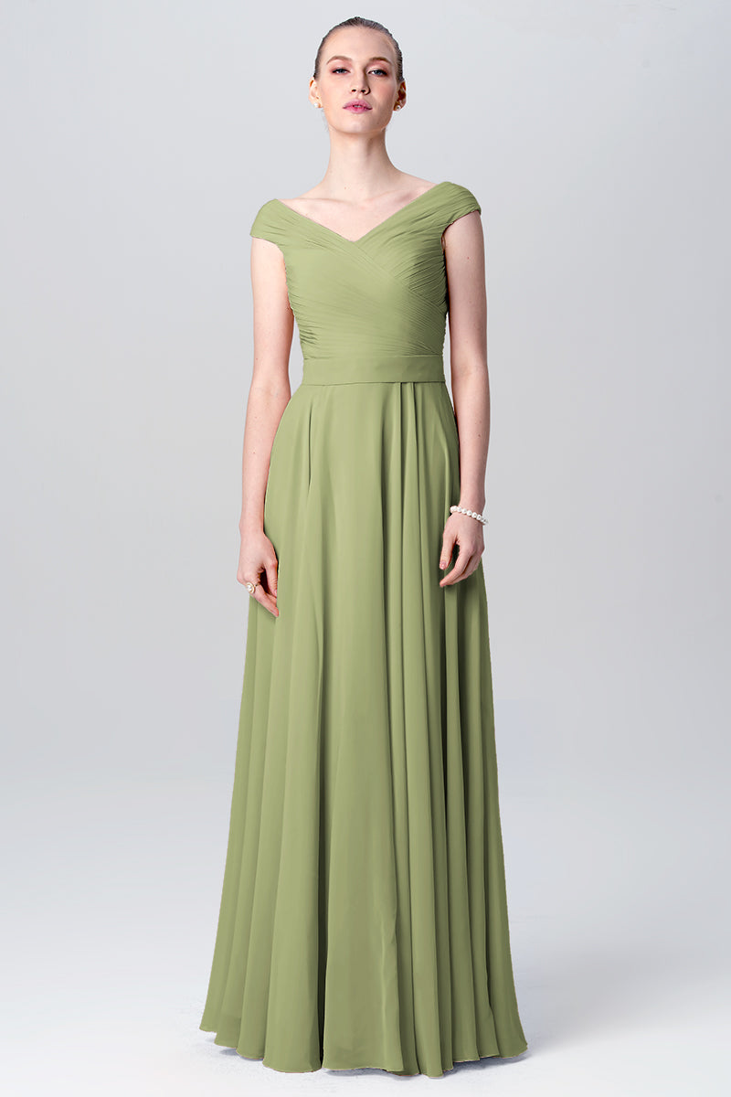 Chiffon Column V-Neck Cap Sleeves Bridesmaid Dress-MB0113107