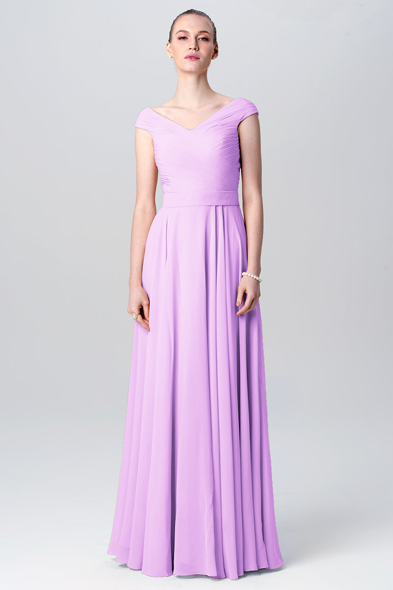 Chiffon Column V-Neck Cap Sleeves Bridesmaid Dress-MB0113107