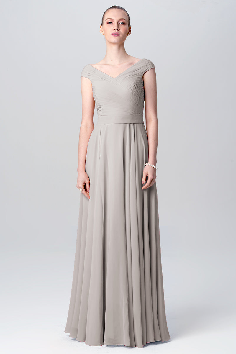 Chiffon Column V-Neck Cap Sleeves Bridesmaid Dress-MB0113107