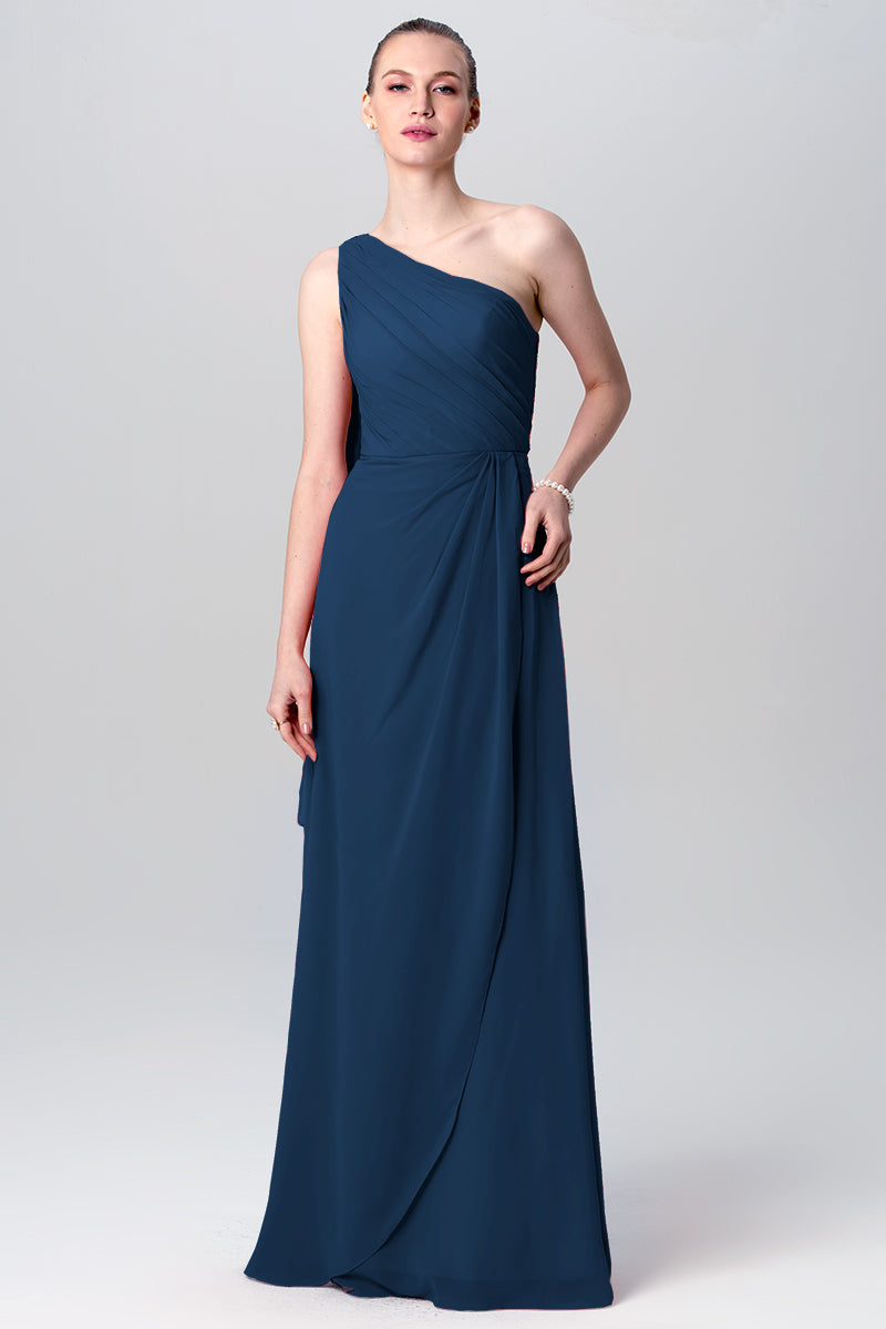 Chiffon Column One Shoulder Sleeveless Bridesmaid Dress-MB0113119