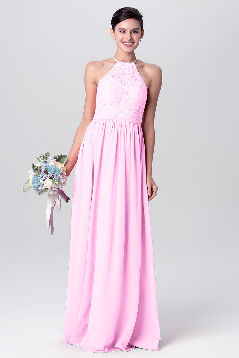 Lace Column Halter Sleeveless Bridesmaid Dress-MB0113124