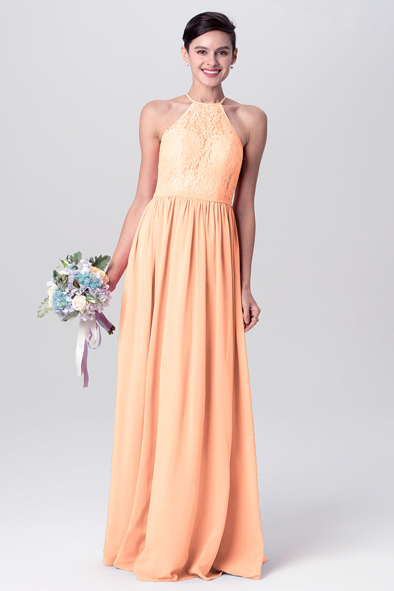 Lace Column Halter Sleeveless Bridesmaid Dress-MB0113124