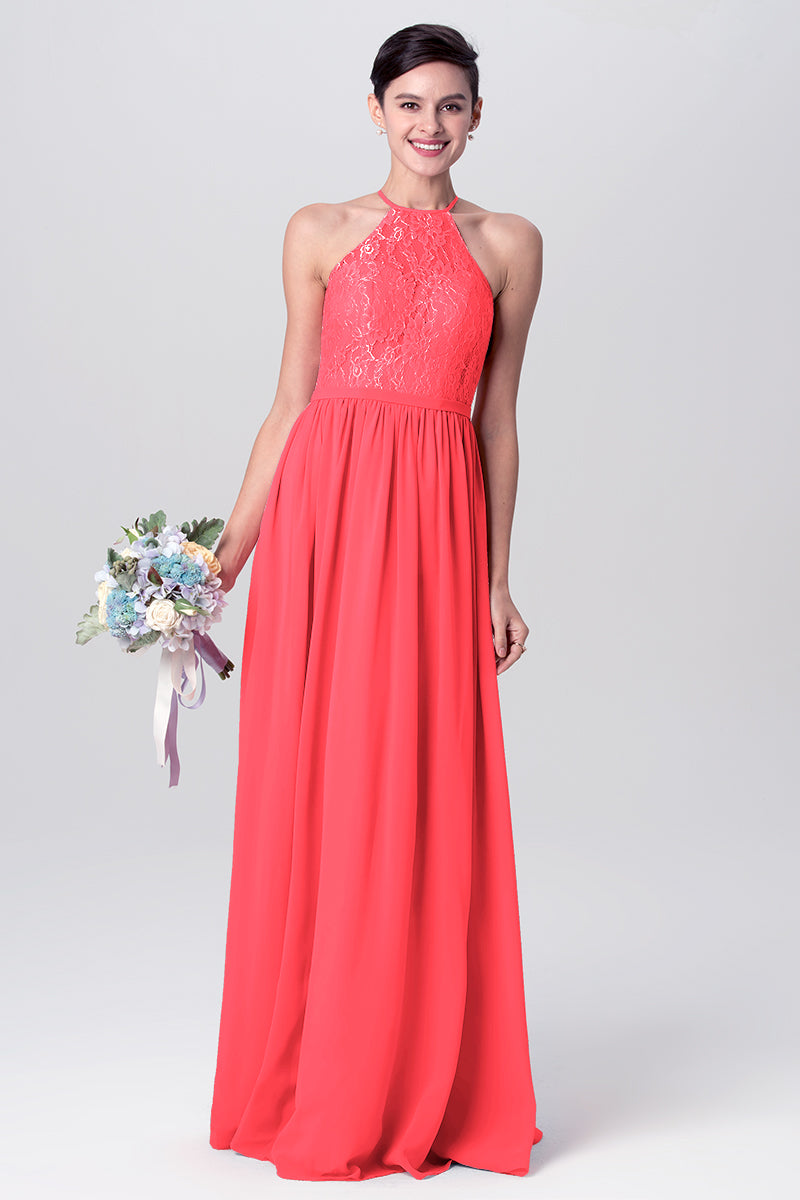 Lace Column Halter Sleeveless Bridesmaid Dress-MB0113124