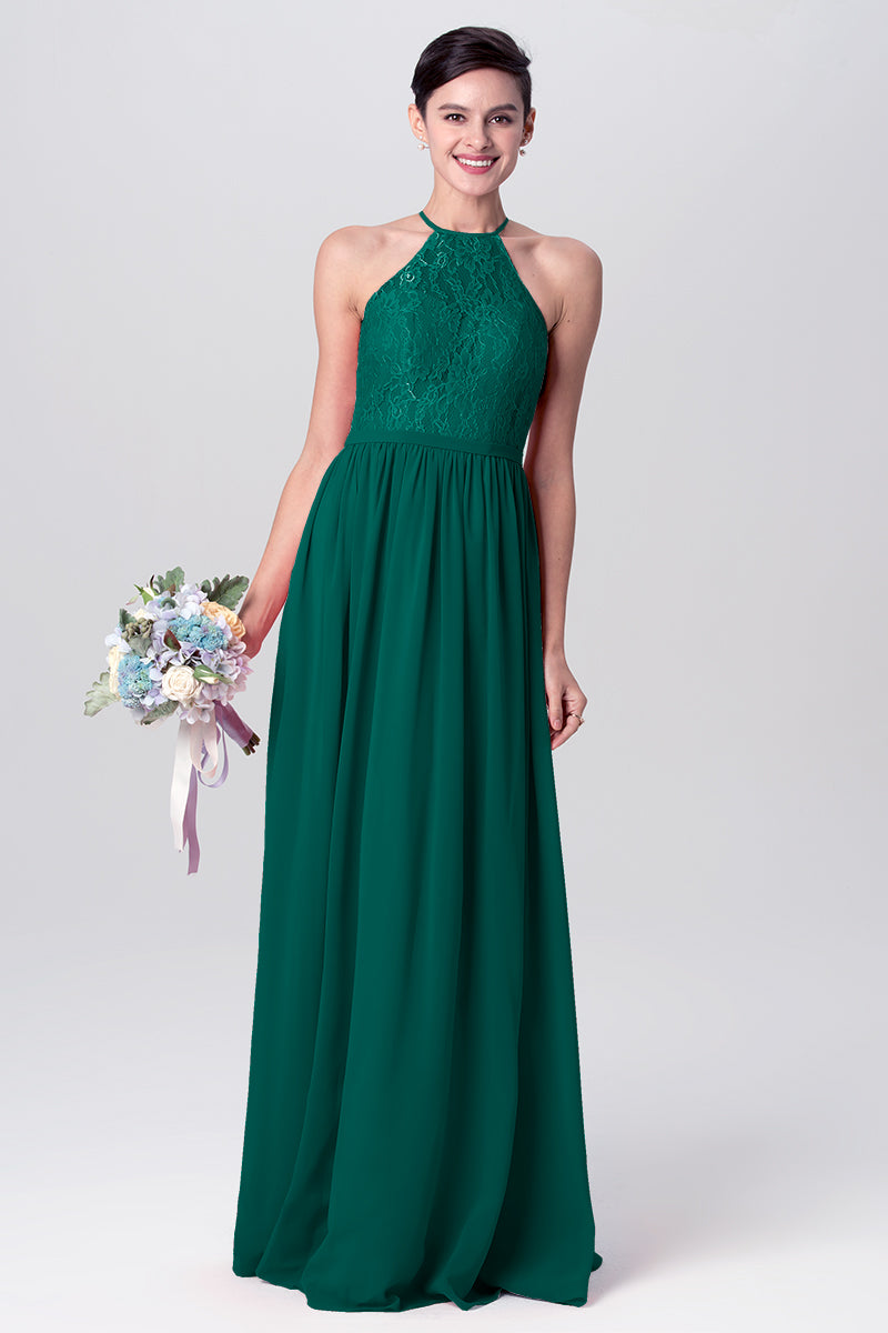 Lace Column Halter Sleeveless Bridesmaid Dress-MB0113124