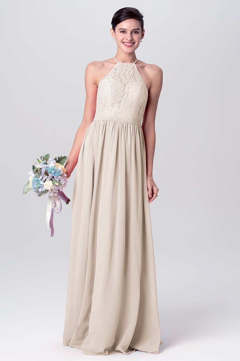 Lace Column Halter Sleeveless Bridesmaid Dress-MB0113124