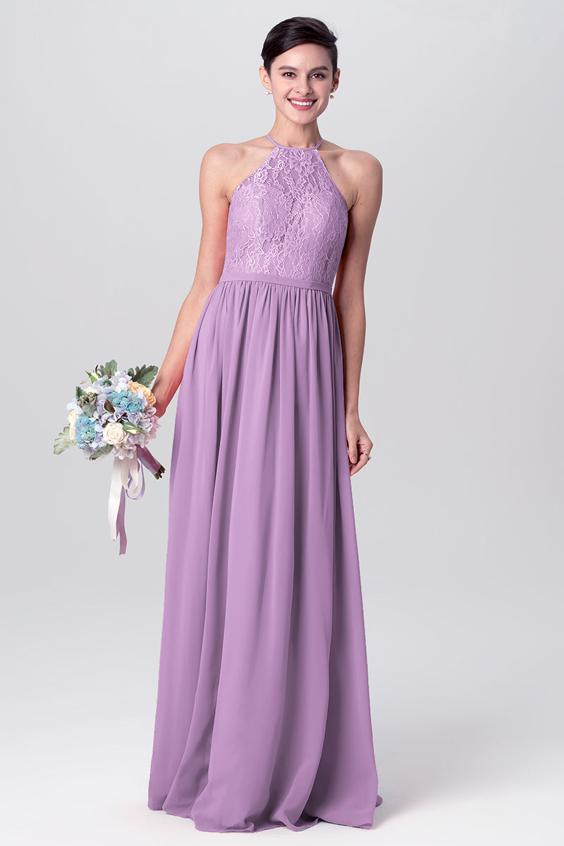 Lace Column Halter Sleeveless Bridesmaid Dress-MB0113124