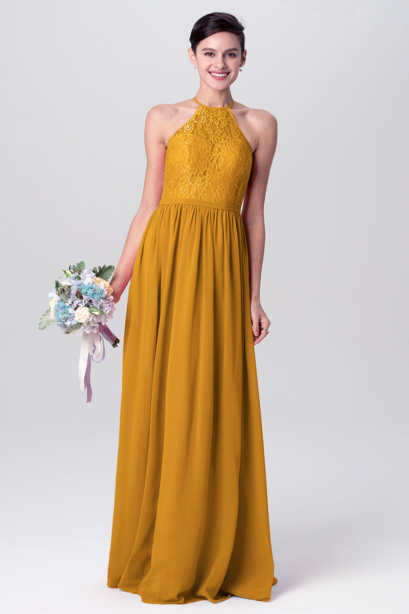 Lace Column Halter Sleeveless Bridesmaid Dress-MB0113124