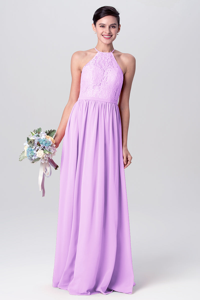 Lace Column Halter Sleeveless Bridesmaid Dress-MB0113124