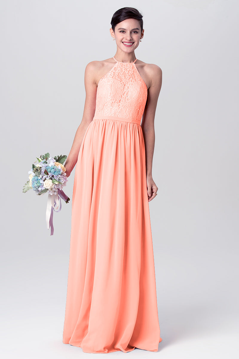 Lace Column Halter Sleeveless Bridesmaid Dress-MB0113124