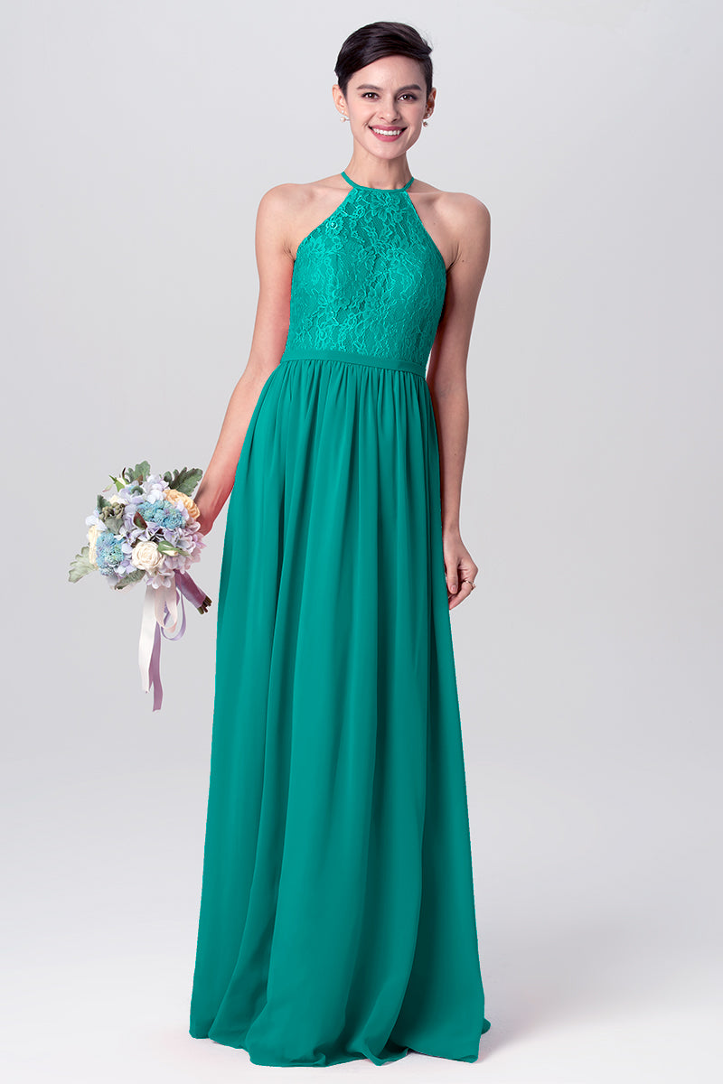 Lace Column Halter Sleeveless Bridesmaid Dress-MB0113124