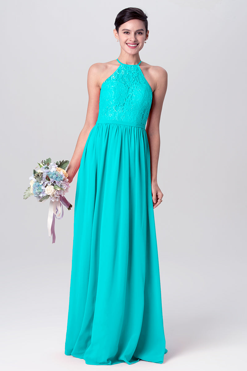 Lace Column Halter Sleeveless Bridesmaid Dress-MB0113124