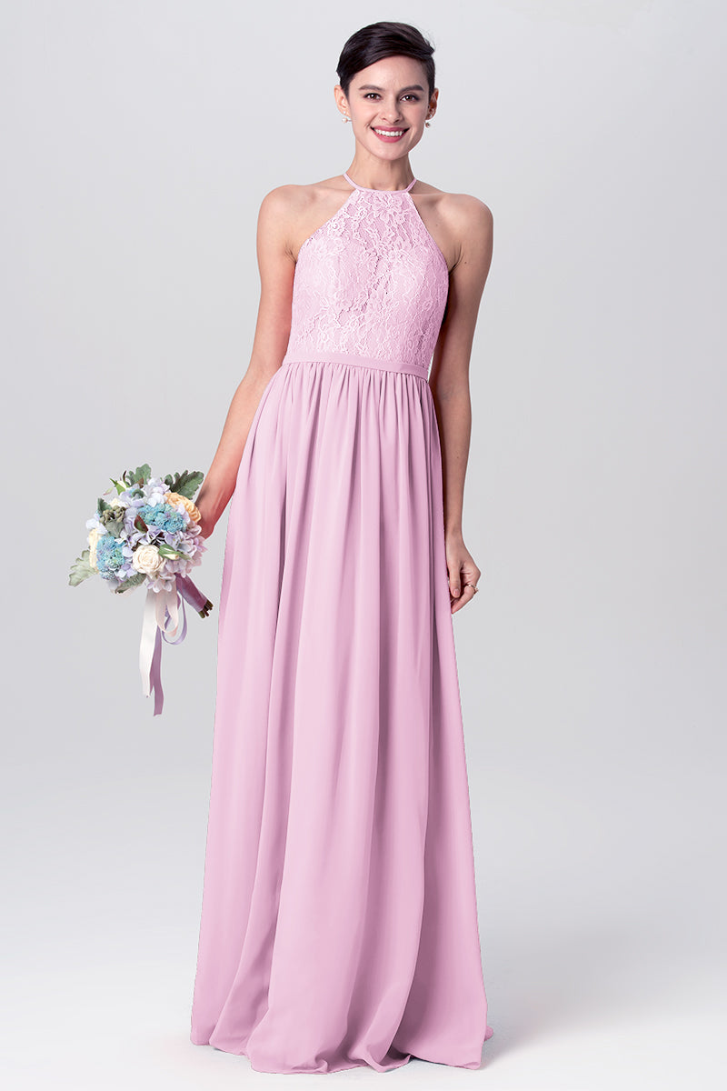 Lace Column Halter Sleeveless Bridesmaid Dress-MB0113124