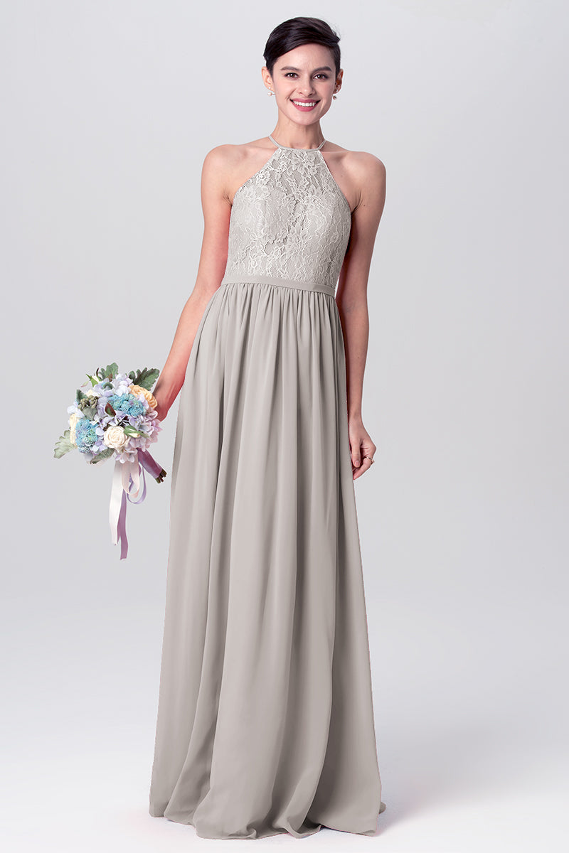 Lace Column Halter Sleeveless Bridesmaid Dress-MB0113124