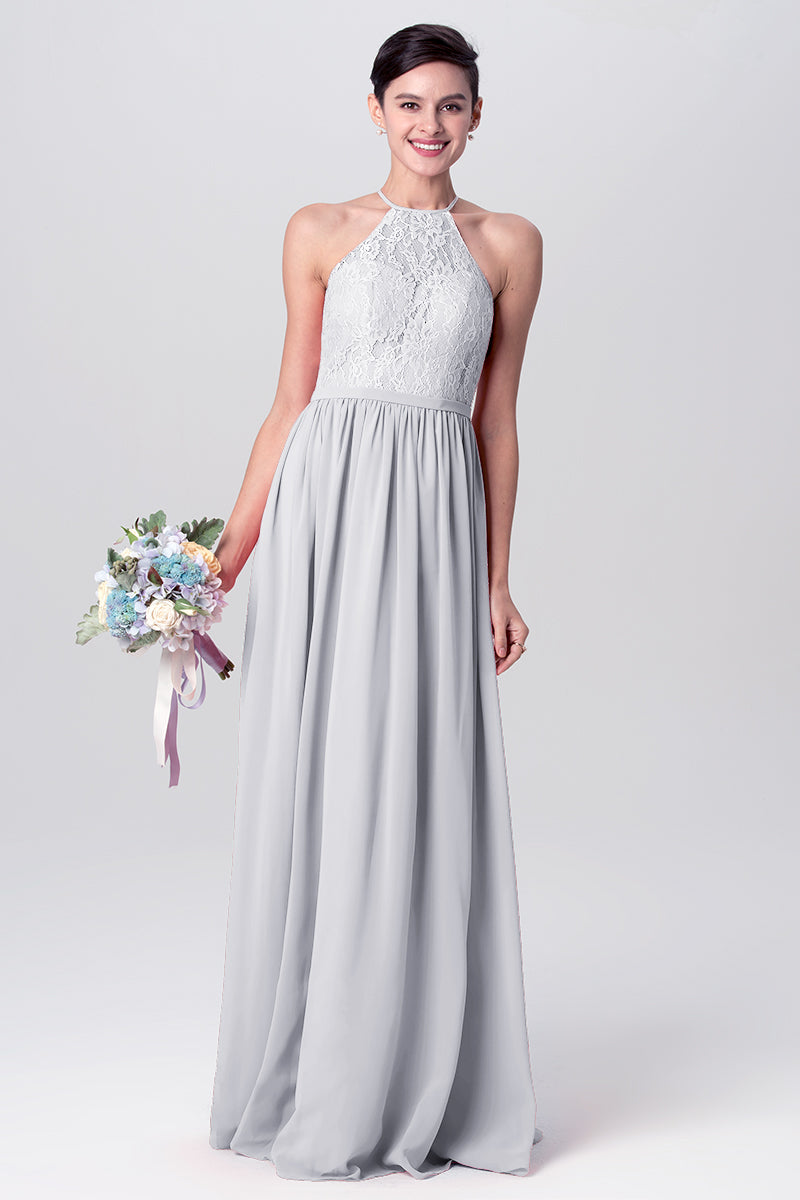 Lace Column Halter Sleeveless Bridesmaid Dress-MB0113124