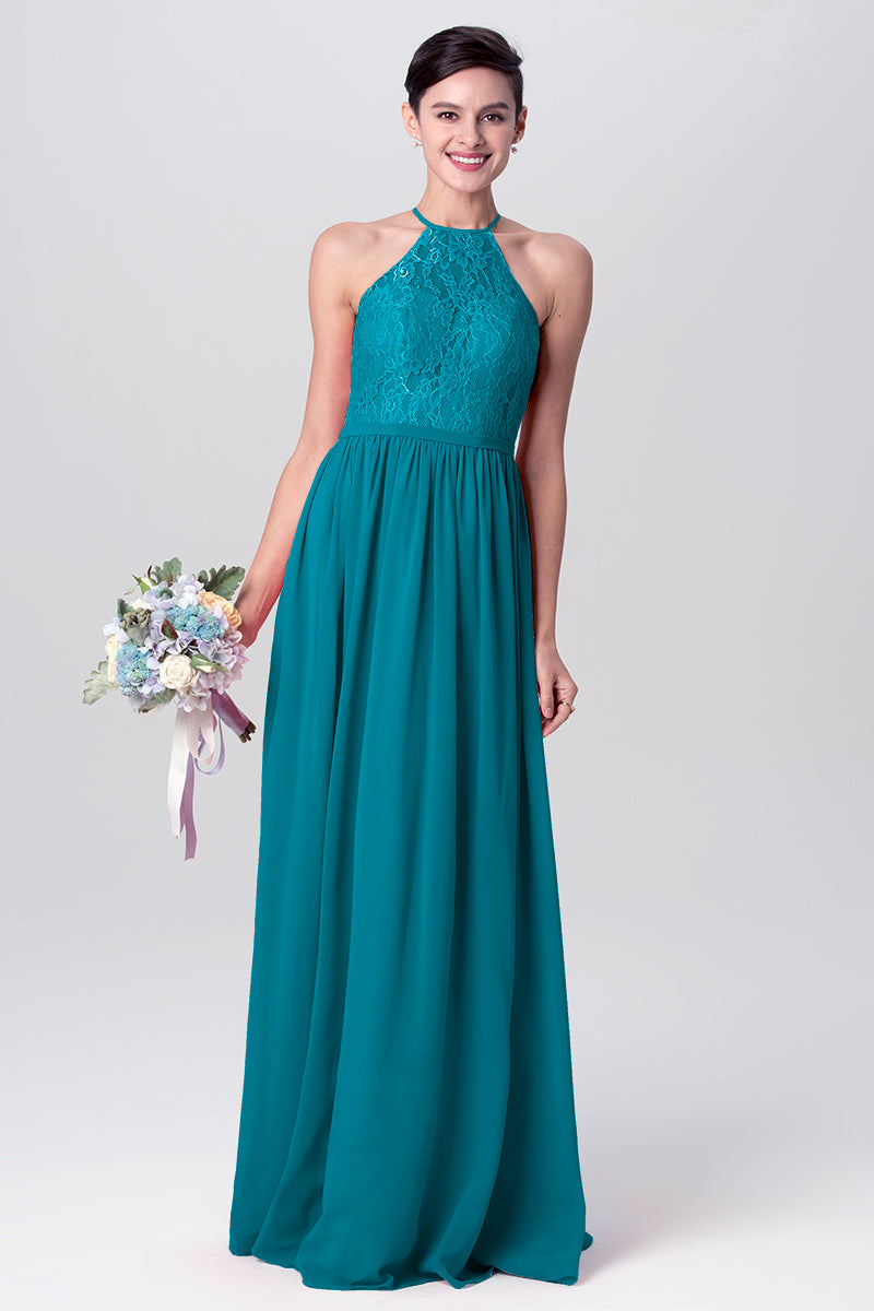 Lace Column Halter Sleeveless Bridesmaid Dress-MB0113124