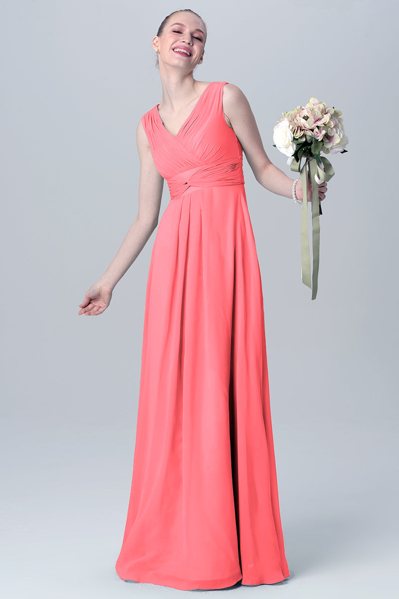 Chiffon Column V-Neck Sleeveless Bridesmaid Dress-MB0113129