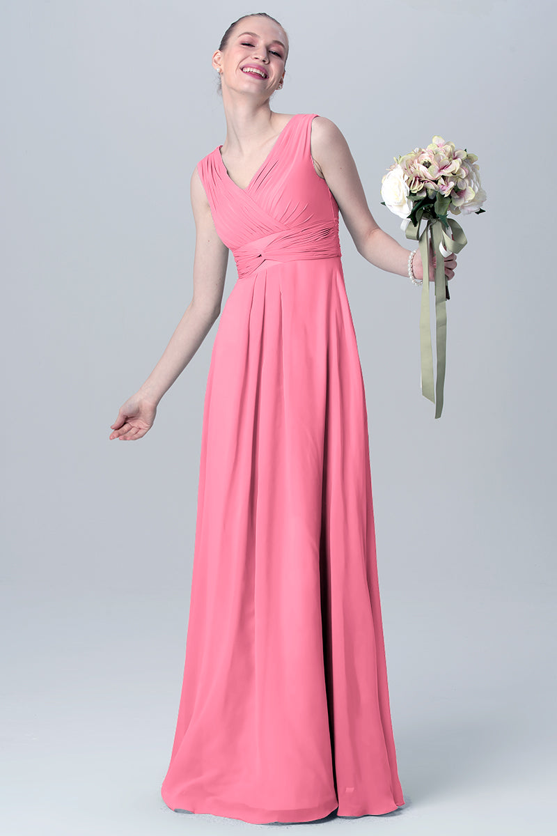 Chiffon Column V-Neck Sleeveless Bridesmaid Dress-MB0113129