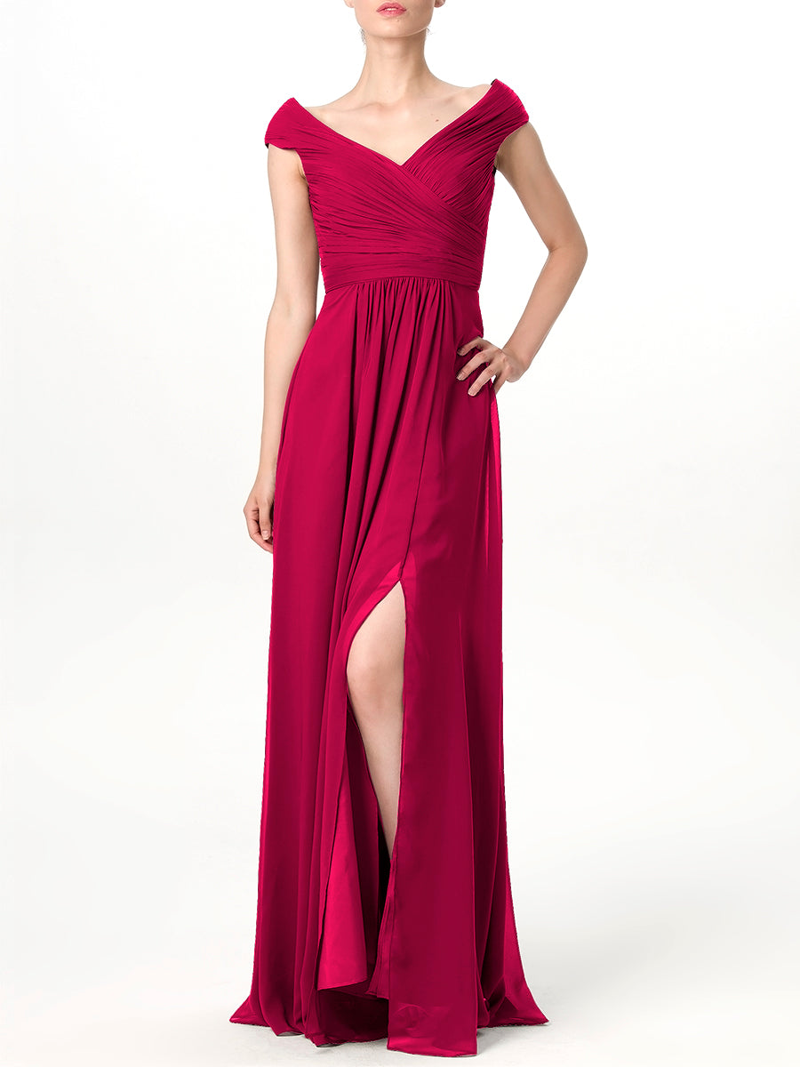 Chiffon Column V-Neck Cap Sleeves Bridesmaid Dress-MB0113198