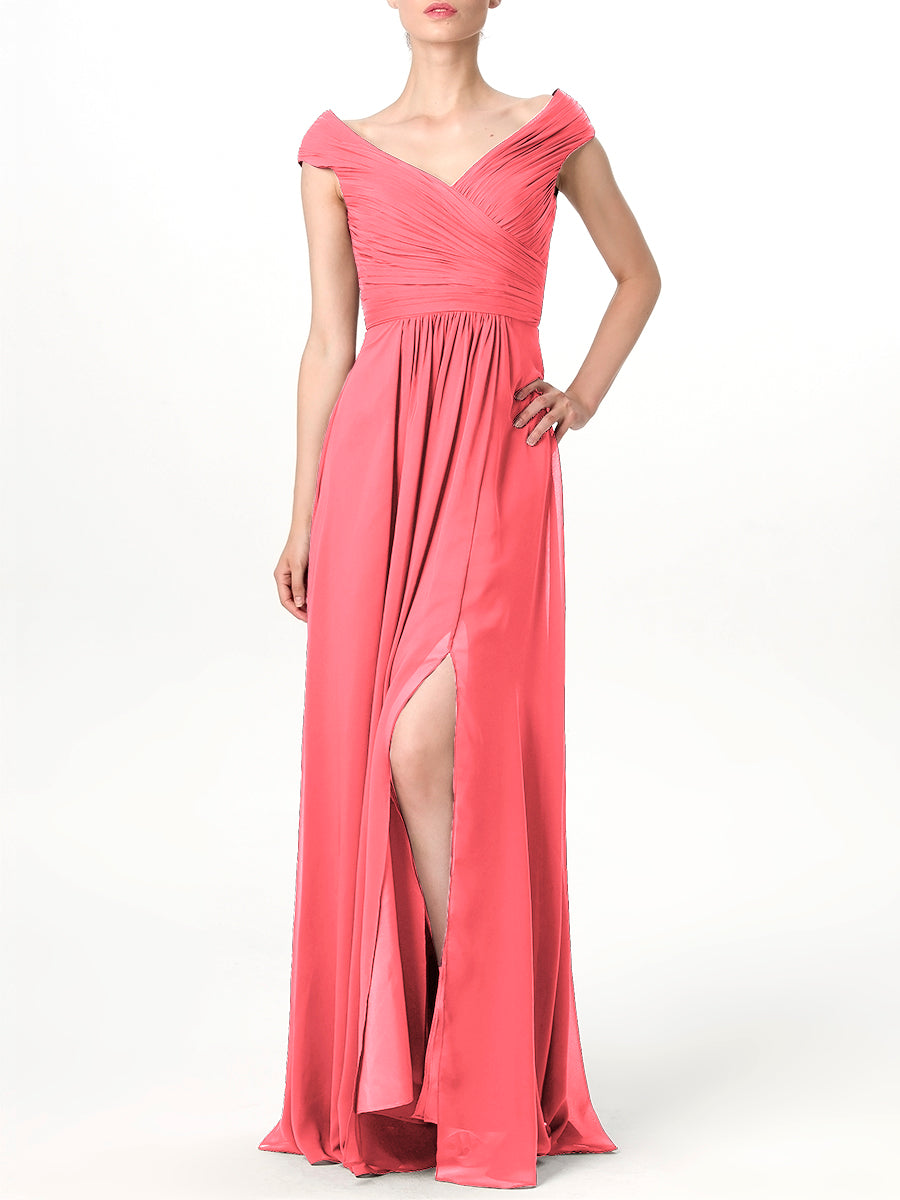 Chiffon Column V-Neck Cap Sleeves Bridesmaid Dress-MB0113198