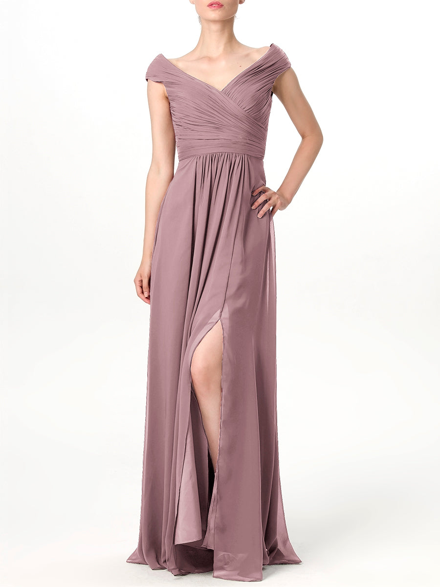 Chiffon Column V-Neck Cap Sleeves Bridesmaid Dress-MB0113198