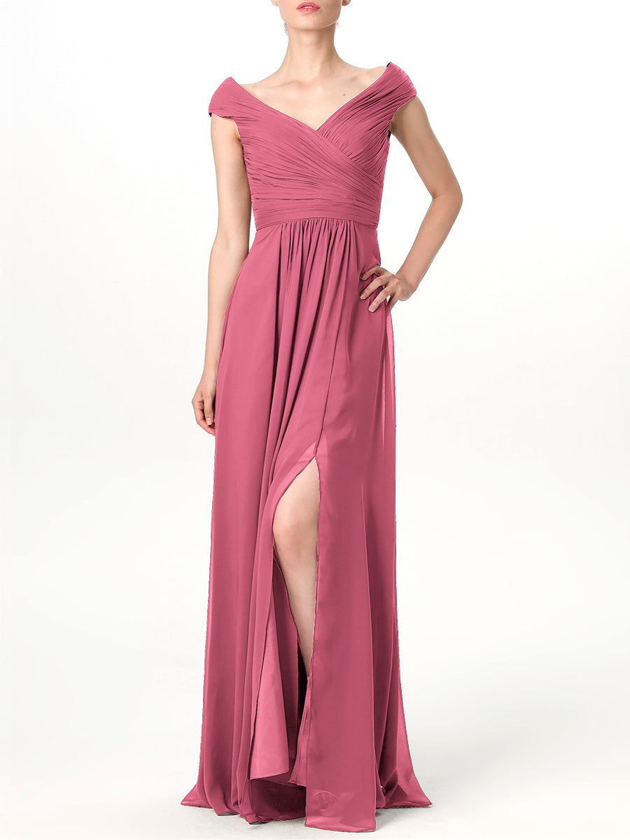 Chiffon Column V-Neck Cap Sleeves Bridesmaid Dress-MB0113198