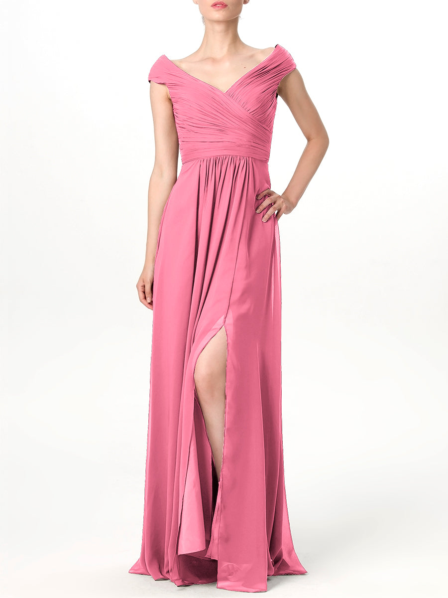 Chiffon Column V-Neck Cap Sleeves Bridesmaid Dress-MB0113198