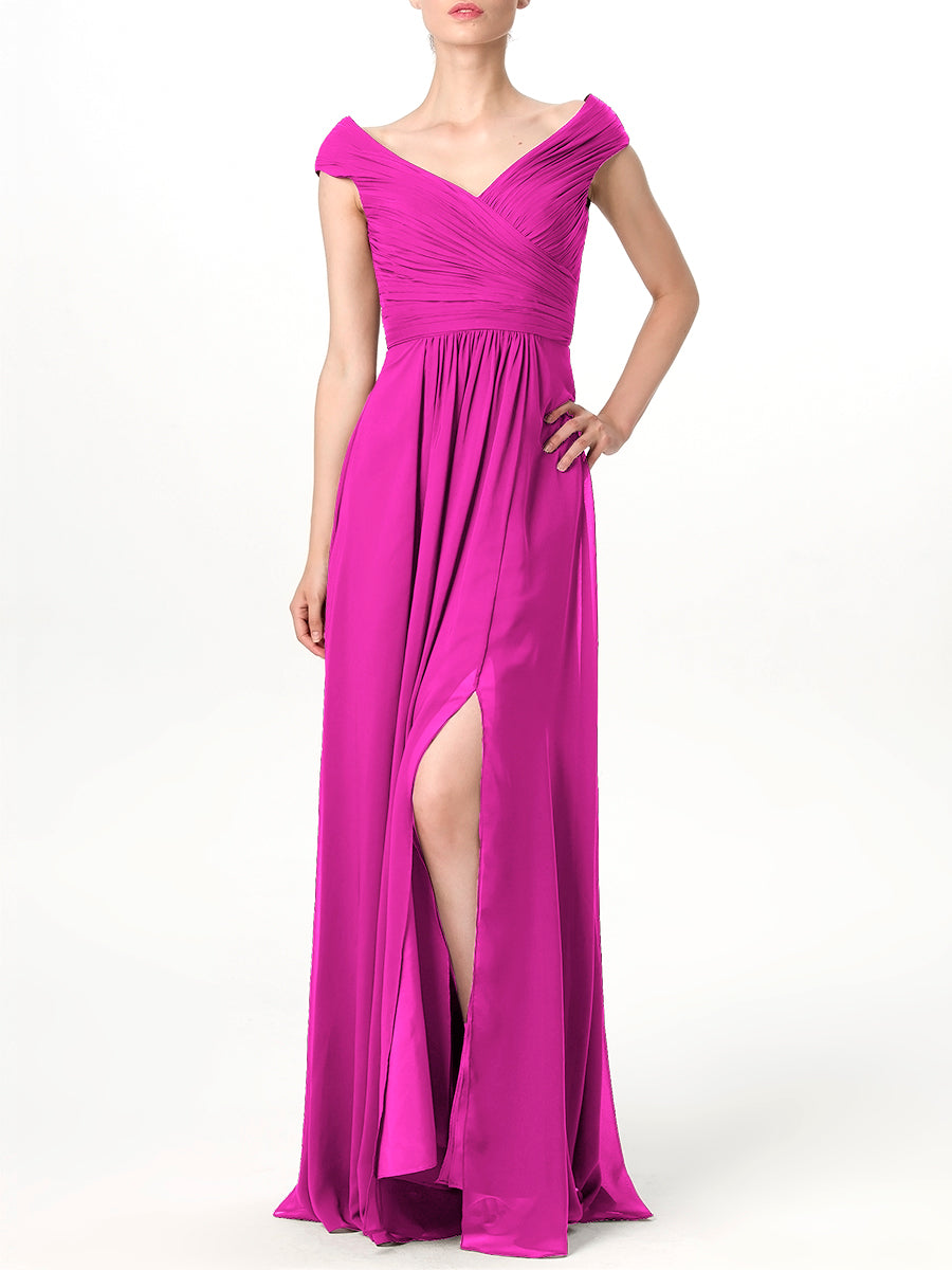 Chiffon Column V-Neck Cap Sleeves Bridesmaid Dress-MB0113198