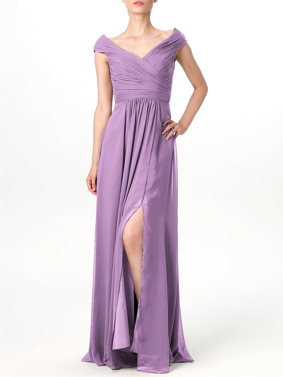 Chiffon Column V-Neck Cap Sleeves Bridesmaid Dress-MB0113198