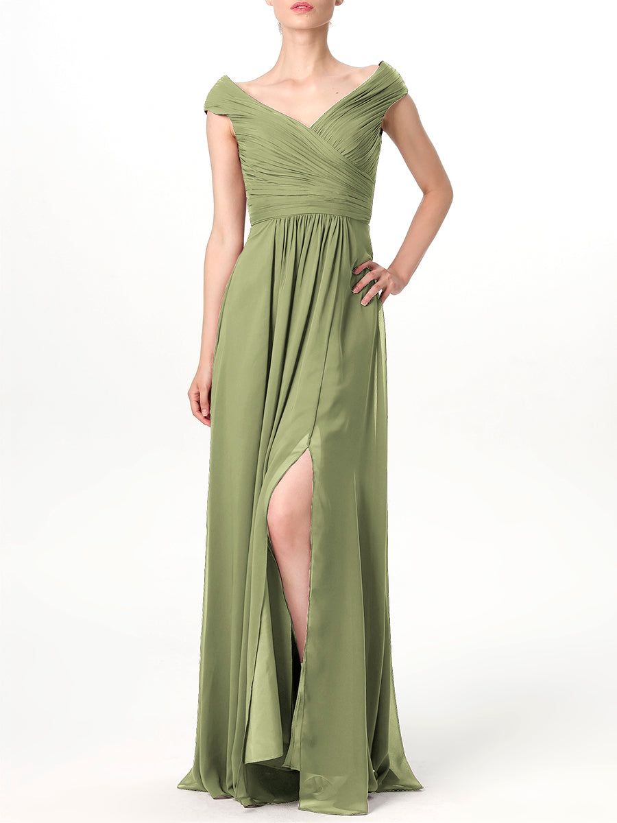 Chiffon Column V-Neck Cap Sleeves Bridesmaid Dress-MB0113198