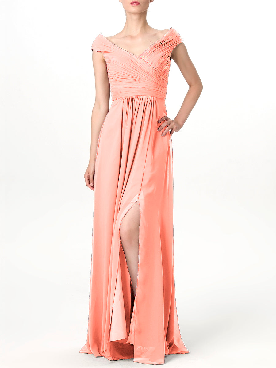 Chiffon Column V-Neck Cap Sleeves Bridesmaid Dress-MB0113198