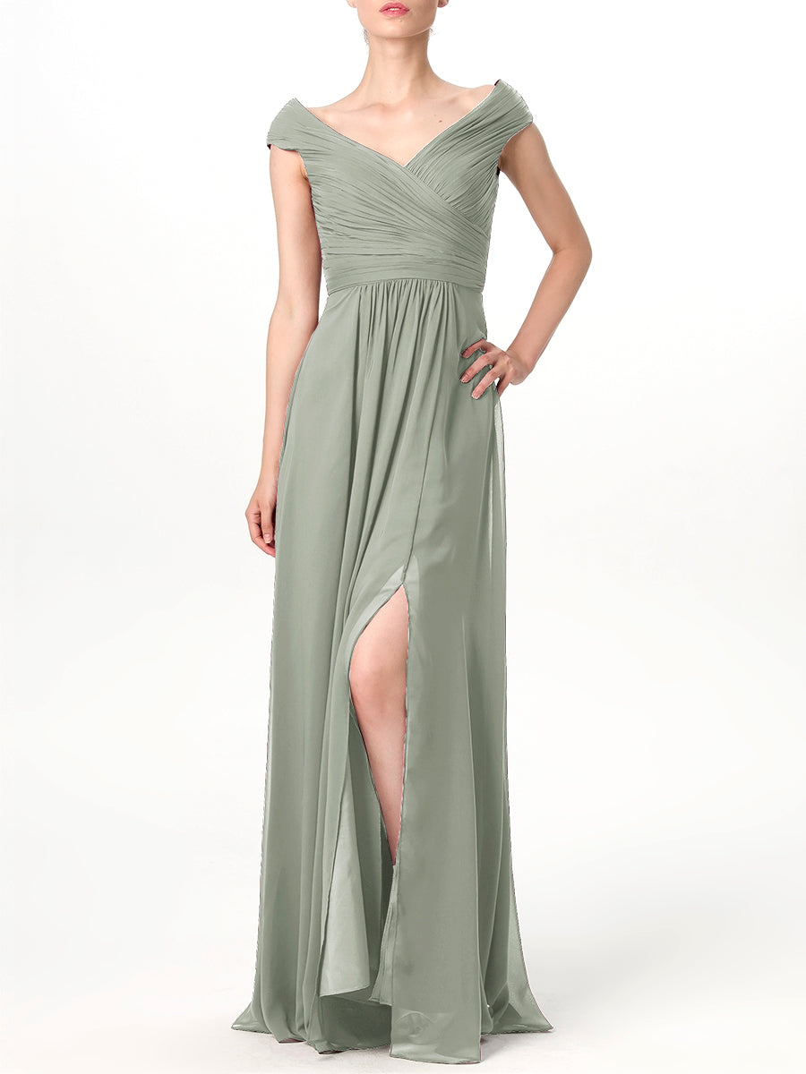 Chiffon Column V-Neck Cap Sleeves Bridesmaid Dress-MB0113198