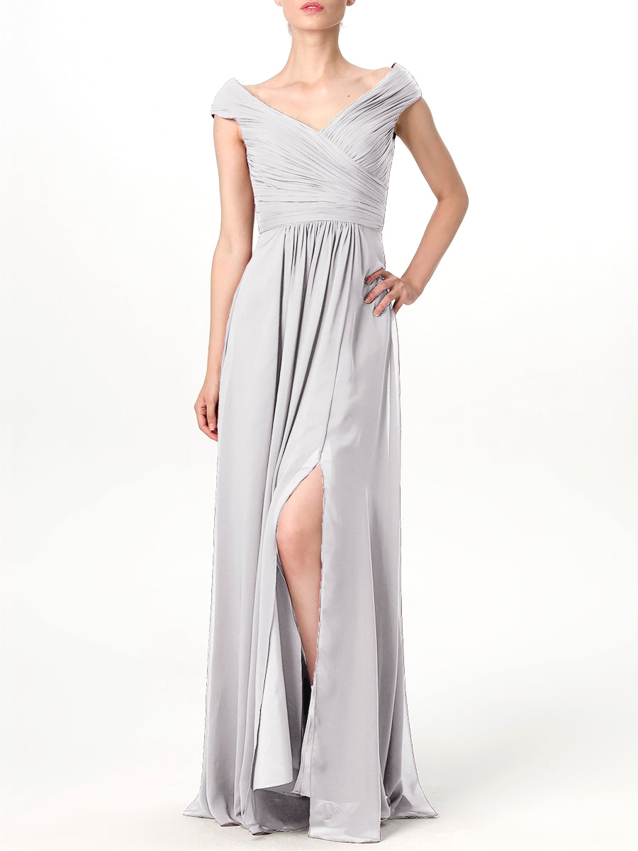 Chiffon Column V-Neck Cap Sleeves Bridesmaid Dress-MB0113198