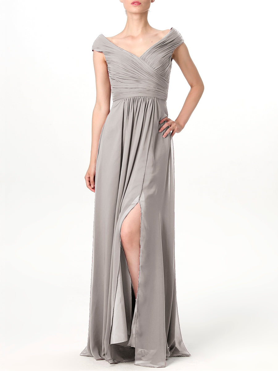 Chiffon Column V-Neck Cap Sleeves Bridesmaid Dress-MB0113198