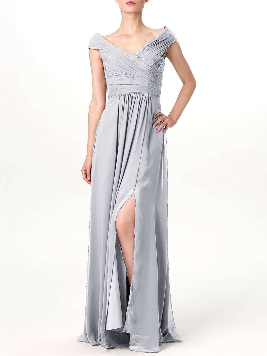 Chiffon Column V-Neck Cap Sleeves Bridesmaid Dress-MB0113198