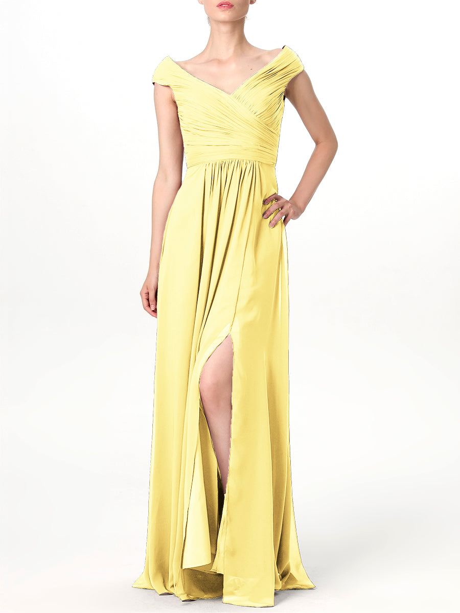 Chiffon Column V-Neck Cap Sleeves Bridesmaid Dress-MB0113198