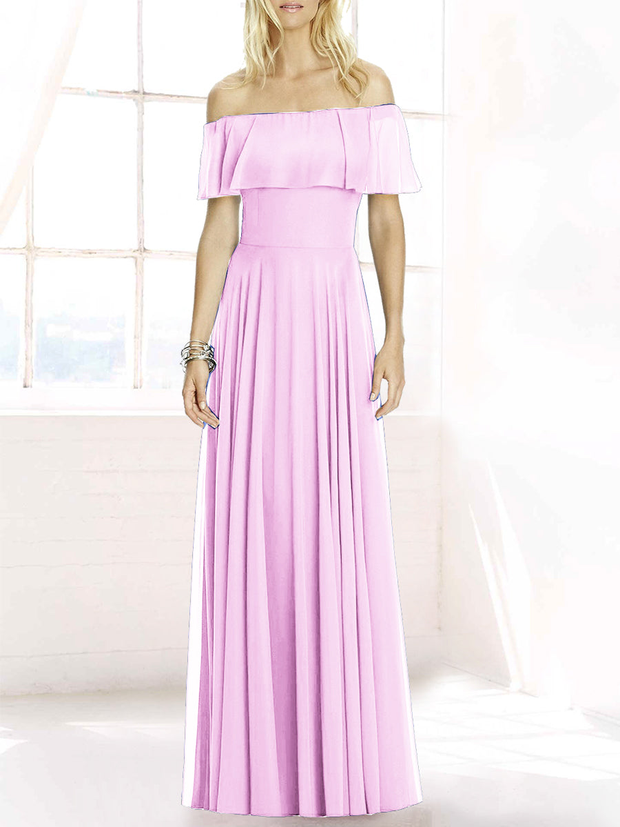 Chiffon Column Off the Shoulder Sleeveless Bridesmaid Dress-MB50084