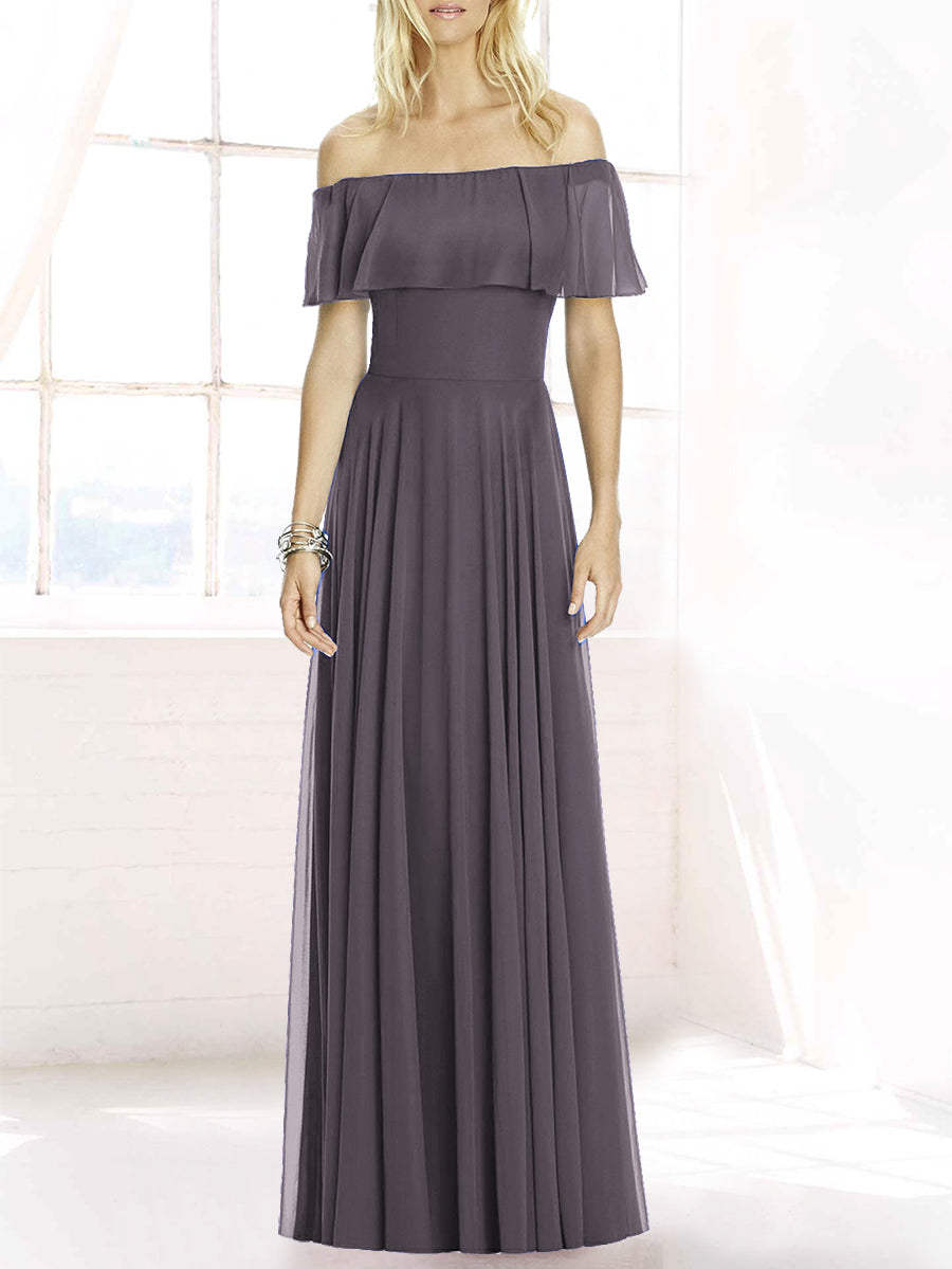 Chiffon Column Off the Shoulder Sleeveless Bridesmaid Dress-MB50084