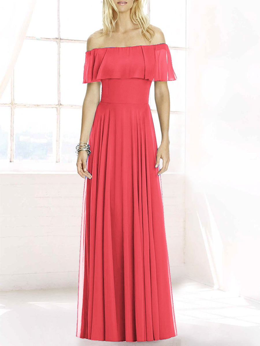 Chiffon Column Off the Shoulder Sleeveless Bridesmaid Dress-MB50084