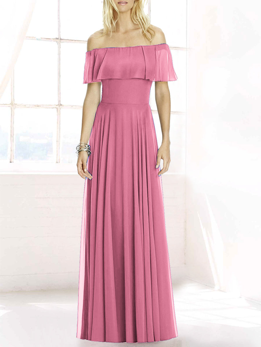 Chiffon Column Off the Shoulder Sleeveless Bridesmaid Dress-MB50084