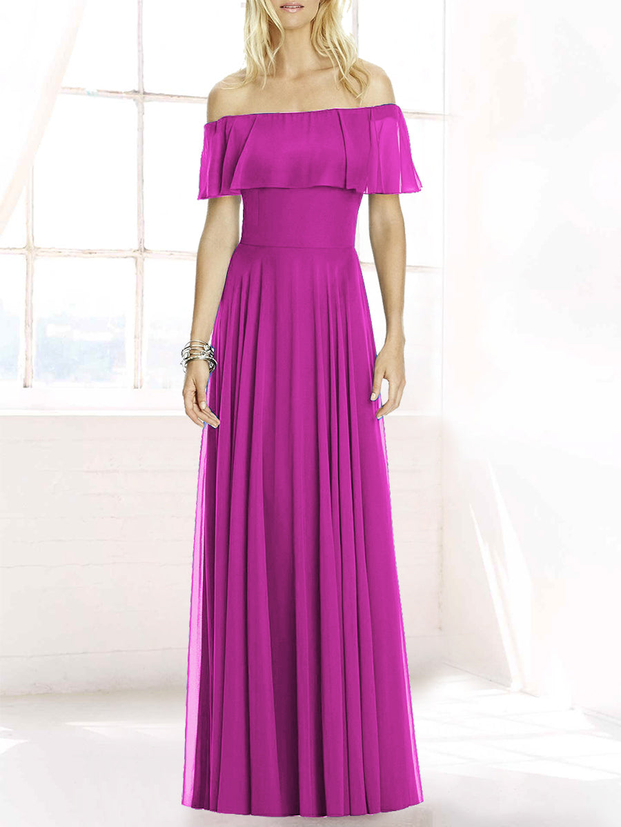 Chiffon Column Off the Shoulder Sleeveless Bridesmaid Dress-MB50084